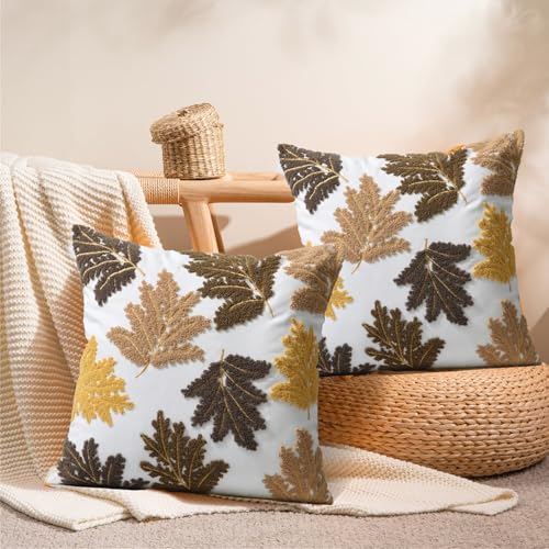 Set of 2 Embroidered Decorative Throw Pillow Covers Couch Square Pillowcases Cushion for Bedroom Sofa Farmhouse Decor 18x18 Inch (Yellow Maple Leaf) - color: Yellow Maple Leaf