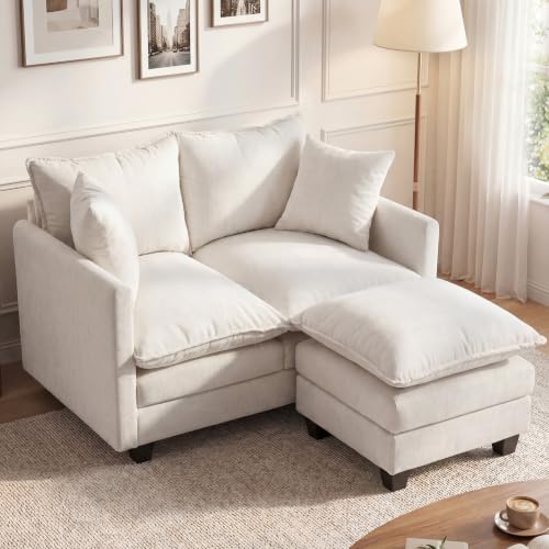 50'' L-Shape Loveseat Sofa with 22" Ottoman, 2 Seat Modern Cloud Couch with 2 Washable Pillows for Small Space Apartment Office Living Room Bedroom, Beige - color: Beige, size: 50"L