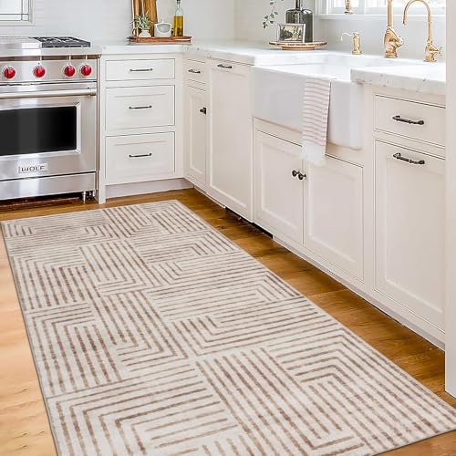 Machine Washable Area Rug Runner - Living Room Bedroom Bathroom Kitchen Entryway Office - Non-Slip Baking Low Pile Stain Resistant Premium - Modern Geometric - Finn - Beige 2'6" x 6' - color: Finn - Beige, size: 2'6" x 6' (Rectangular)