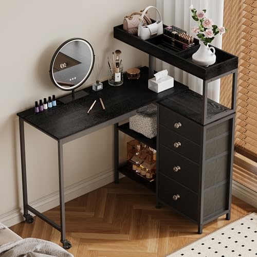 L-Shaped Manicure Table with Power Outlets,Nail Desk for Nail tech | Rotating Nail Workstation on Wheels with Charging Station,Nail Table with drawers & shelves for Home,Makeup Beauty Salon - color: Black