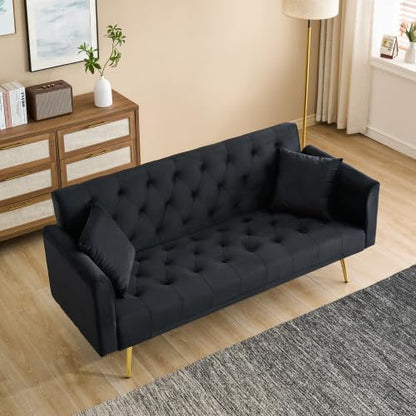 Majnesvon 71" Convertible Folding Sleeper Sofa Couch,Modern Velvet Loveseat Sleeper with 2 Pillows, Futon Sofa Bed with Mattress and Frame for Living Room,Bedroom,Small Space (Black) - color: Black