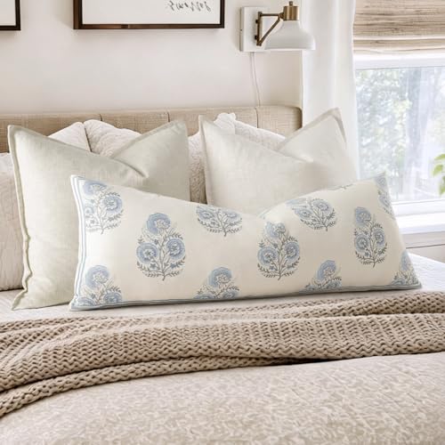 Vintage Floral 20x54 Lumbar Pillow Cover for Bed Pack of 1, Double-Sided Botanical Print Decorative Long Pillowcase Farmhouse Neutral Cushion Cover for Sofa Couch Living Room, Light Blue (Cover Only) - color: Light Blue, size: 54" x 20" (Pack of 1)