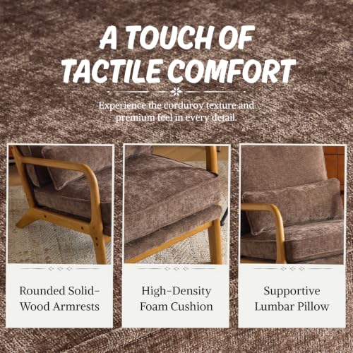 Karl home Mid-Century Modern Accent Reading Chair, Brown | Chenille Upholstered, Solid Wood Frame, Soft Cushion, Lumbar Pillow, Lounge Armchair for Living Room, Bedroom, Balcony, Study - color: Chenille Brown