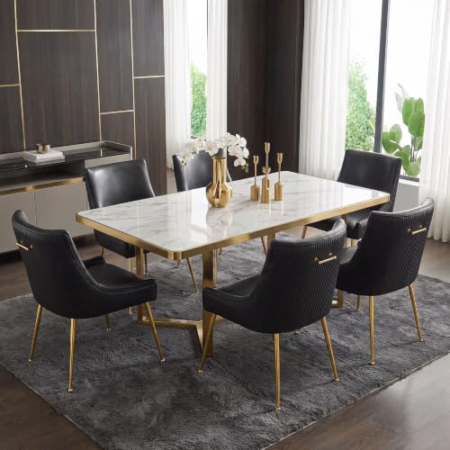 Faux Leather Dining Chairs Set of 6, Gold Legs Accent Kitchen Chairs, Black | Mid Century Modern Chairs with Gold Pull Handle, Upholstered PU Leather Chairs for Dining, Kitchen, Living Room, Restaurant - color: Pu-black, size: Set of 6