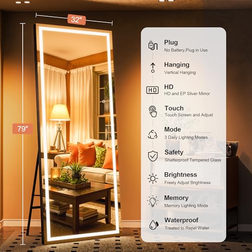 79" x 32" Full Length Mirror with Lights, Large LED Lighted Floor Standing Body Mirror, Dimmable & 3 Color Lighting for Bedroom, Cloakroom, Dressing Room, Tempered Glass, Black Frame - color: Black, size: 79"L x 32"W