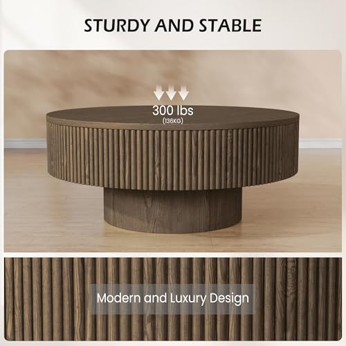 YOUDENOVA 31.5” Round Fluted Coffee Table, Modern Wood Circle Coffee Table, Veneer Handcrafted Relief Tea Table with Sturdy Pedestal for Living Room - Brown - color: 31" Brown-round