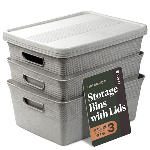 BINO | Plastic Storage Bins with Lids, 13 Liter - 3 Pack, Natural Grey | THE BRAIDED COLLECTION | Plastic Bins for Organization Woven Storage Baskets for Organizing Pantry Shelf Organizer Basket Bin - color: Natural Grey, size: 13L | 3-Pack