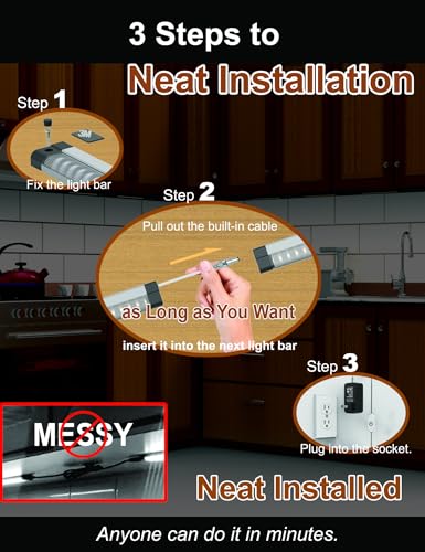 EBD Under Cabinet Lighting Plug in or Hardwired, 6 Pcs 12 Inch, No Messy Wires Built-in Adjustable Cable LED Light 6500K 2700Lm, 5 Cables Y Splitter Neat Counter Lights for Kitchen Shelf Home Office - size: 6-Pack 5 Cables