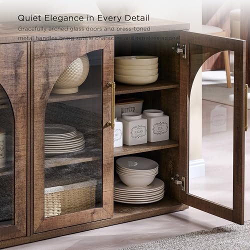 Glass Arched Door Sideboard Buffet Cabinet Set of 2, Rustic Oak | Modular, Multi-Compartment Storage, Adjustable Shelf, Soft Close Hinges, Freestanding, for Dining Room, Living Room - color: Rusti Brown