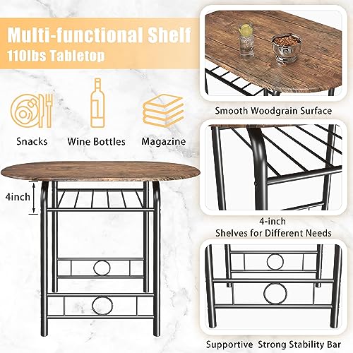 JUMMICO 3-Piece Wooden Round Table & Chair Set | Kitchen Breakfast Nook Wood Grain Tabletop with Metal Frame and Built-in Wine Rack for Kitchen, Dining Room (Brown/Black) - color: Brown/Black