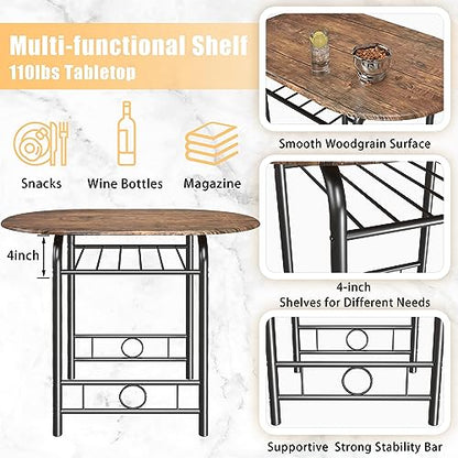 JUMMICO 3-Piece Wooden Round Table & Chair Set | Kitchen Breakfast Nook Wood Grain Tabletop with Metal Frame and Built-in Wine Rack for Kitchen, Dining Room (Brown/Black) - color: Brown/Black