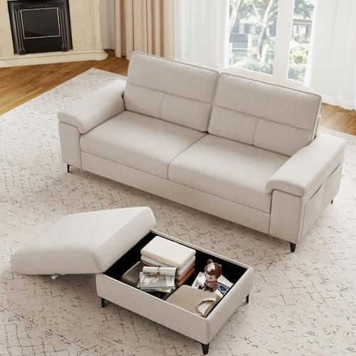 88.97" L Shaped Sectional Couches Deep Seat Sofa for Living Room(Beige) | Big Storage Ottoman & 8”Cushion, Comfy 2-Seater Chenille Loveseat, Convertible Armrest, Removable Cover for Small Space - color: Beige, size: 88.97" Couch & Ottoman