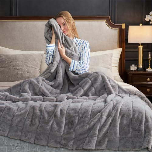 Cozy Bliss Deluxe Sheared Rabbit Faux Fur Throw Blanket, Grey 60"x80" | High-Low Sculpted, Soft Fuzzy, Plush Blanket for Couch, Cozy Home Accent, All Season Use - color: Stripe - Grey, size: Twin(60" x 80")