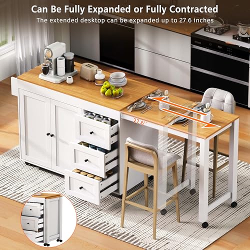 Kitchen Island, Extendable Dining Table with Power Outlet | Extendable dining table expands from prep station to dining table, seats up to 2 extra guests, saves space when closed - color: White2