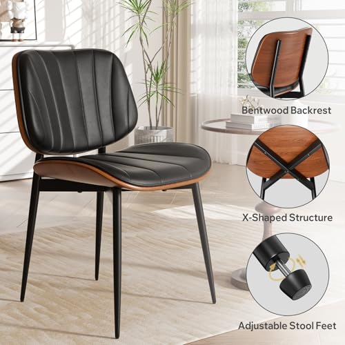 Dining Chairs Set of 6, Mid Century Modern Dining Room Chairs, Upholstered Faux Leather Kitchen Chair with Walnut Bentwood Back and Metal Legs for Kitchen Living Room, Black - color: Black, size: Set of 6