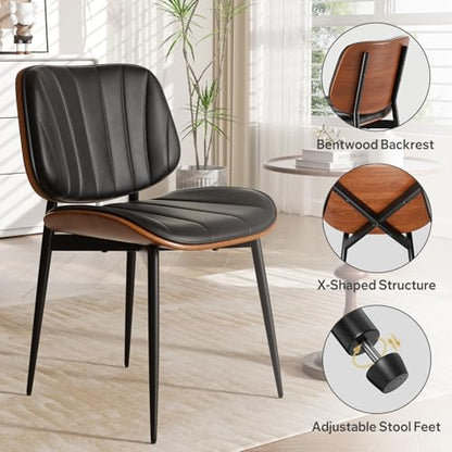 Dining Chairs Set of 6, Mid Century Modern Dining Room Chairs, Upholstered Faux Leather Kitchen Chair with Walnut Bentwood Back and Metal Legs for Kitchen Living Room, Black - color: Black, size: Set of 6