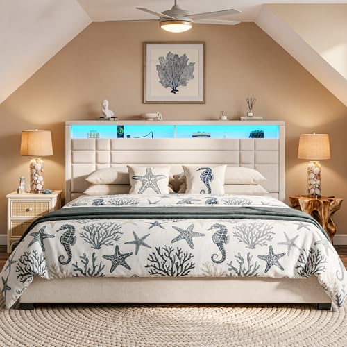 EnHomee King Upholstered Bed Frame with Charge Station & LED Lights, Beige | 2-Tier Shelves Headboard, 12" Under-Bed Storage Space, Noise-Free, No Box Spring Needed, Easy Assembly - color: Beige, size: King (U.S. Standard)