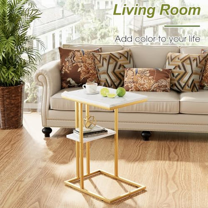 C Shaped End Table, Couch Side Table that Slide Under | TV Trays for Eating on Couch, Narrow Sofa Tables for Small Space Living Room, Bedroom, White + Gold - color: White Marble+gold