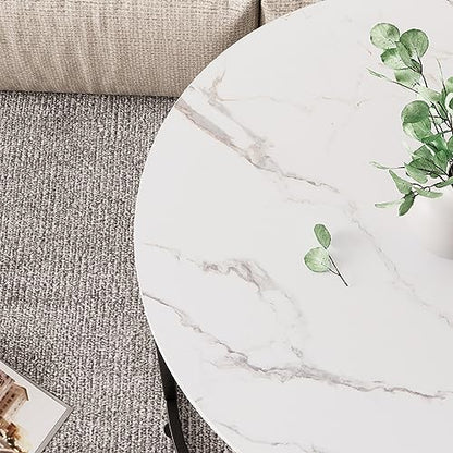 aboxoo Round Nesting Coffee Table Side Table Set of 2 End Tables for Living Room Bedroom Balcony, White Faux Marble Wooden Table Accent Coffee Table with Black Steel Frame - color: White Marble