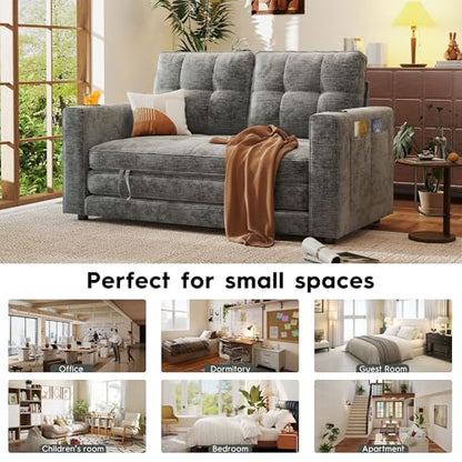 55" Convertible Folding Sofa Bed, Pull Out Couch Love Seat Sleeper Bed, Small Fold Out Loveseat sleeper with Cup Holder and Pillow for Small Space, Bedroom Lounge, Dorm, Living Room(Grey Chenille) - color: Light Grey