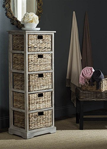SAFAVIEH Furniture - Vedette 5-Basket Storage Tower - White Washed - Solid Wood - Coastal Basket Tower Design - Ideal for Entryway, Living Room, 17.5"W x 13.5"D x 46"H - Fully Assembled (AMH5739E) - color: White Washed