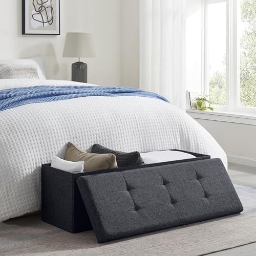 Ornavo Home 43 Inch Folding Extra Large Storage Bench, Linen, Black | Upholstered Tufted Ottoman with Lid; Foot Rest Stool; Ideal for Bedroom, Living Room or Entryway - color: Black, size: 15"d X 43"w X 15"h