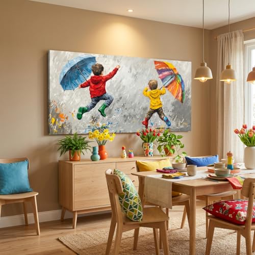 ZESTRILIA Joyful Kids Playing in Rain Canvas Wall Art, Rainbow Umbrella Children Oil Painting Print, Modern Colorful Impressionist Art for Nursery Bedroom Playroom Living Room (40x20 Inch) - color: Blue Children Umbrellas
