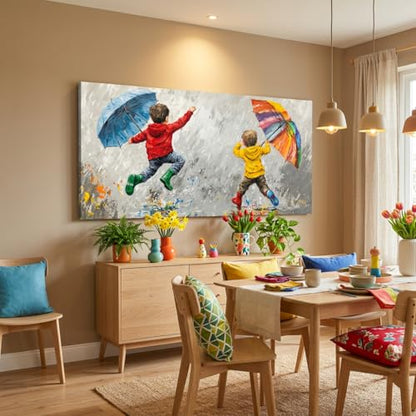 ZESTRILIA Joyful Kids Playing in Rain Canvas Wall Art, Rainbow Umbrella Children Oil Painting Print, Modern Colorful Impressionist Art for Nursery Bedroom Playroom Living Room (40x20 Inch) - color: Blue Children Umbrellas