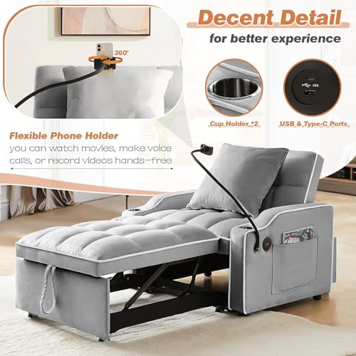 Sleeper Sofa Chair Bed 3 in 1 with Charging Ports, Phone Holder & Cup Holders - Modern Velvet Convertible Pull Out Single Sofa Bed for Small Spaces, Apartment, Dorm (Light Gray) - color: Light Gray