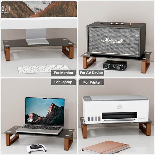 YEOUX Black Glass Computer Monitor Stand Riser with Wooden Base for Flat Screen LCD, LED TV, Laptop, Printer, Multi Media Desktop Stand, Office Supplies Desk Organization - color: Walnut&Black