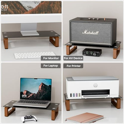 YEOUX Black Glass Computer Monitor Stand Riser with Wooden Base for Flat Screen LCD, LED TV, Laptop, Printer, Multi Media Desktop Stand, Office Supplies Desk Organization - color: Walnut&Black