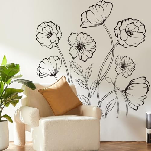Black Flowers Wall Decals Simple Sketch Floral Wildflower Wall Stickers Large Boho Flowers Wallpaper Peel and Stick Wall Art Decal for Bedroom Living Room