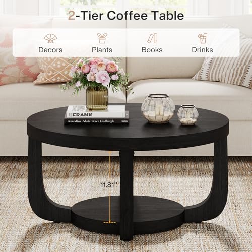 Tribesigns Round Coffee Table, 2-Tier Circle Coffee Table with Storage, Modern Wooden Accent Center Table for Living Room, Thick Tabletop & Base, Black - color: Black