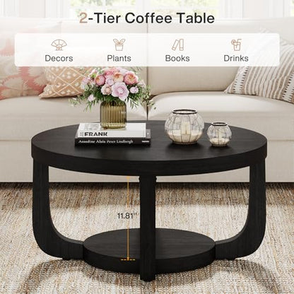 Tribesigns Round Coffee Table, 2-Tier Circle Coffee Table with Storage, Modern Wooden Accent Center Table for Living Room, Thick Tabletop & Base, Black - color: Black
