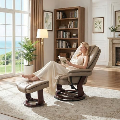 Swivel Recliner Chair with Ottoman Reclining Lounge Sofa Footrest, Set of 2 | 360°Sturdy Wood Base, Soft Faux Leather, Upholstered Ultra-Plush Foam, Modern Armchair, Living Room Bedroom Office Reading - color: Taupe, size: Set of 2