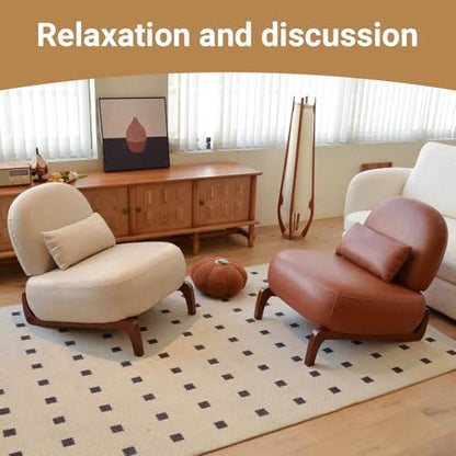 Brown Faux Leather Slippers Chair with Solid Wooden Legs | Low Armless Accent Chair with Soft Cushion, Comfy Upholstered Side Chairs for Living Room, Bedroom, Balcony or Reading Room - color: Brown