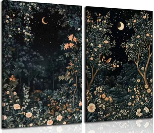 2Pcs Framed Botanical Moon Canvas Wall Art 16x24 Inch Bedroom Decor | Vintage night garden painting prints and picture posters, ready to hang for living room, bedroom, bathroom and foyer. - color: YUELIANGHUAHUI, size: 24"L x 16"W
