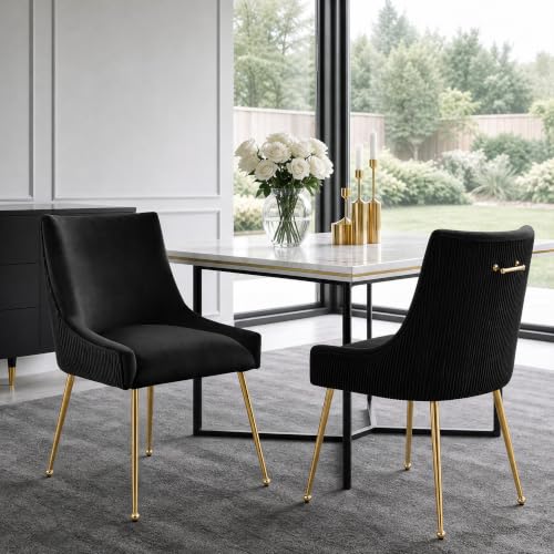 WUTUTUEE Velvet Dining Chairs Set of 2 Gold Legs,Upholstered Velvet Accent Chairs, Pleated Back Design & Gold Pull Handle, Mid Century Modern Chairs for Dining/Kitchen/Living Room,Black - color: Black, size: Set of 2