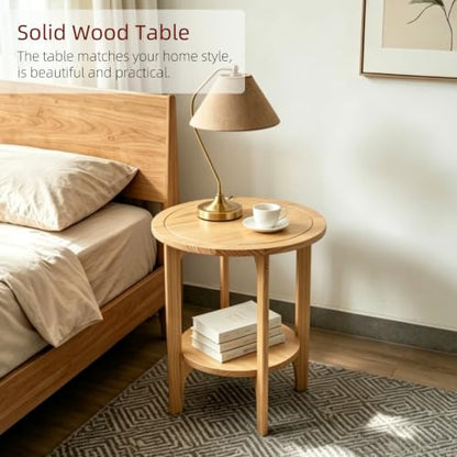 Solid Wood Round Side Table for Living Room, Bedroom | 2-Tier Wooden End Tables, Mid Century Modern Circular Nightstand Bedside Table, Easy Assembly (Natural Wood) - color: Natural Wood