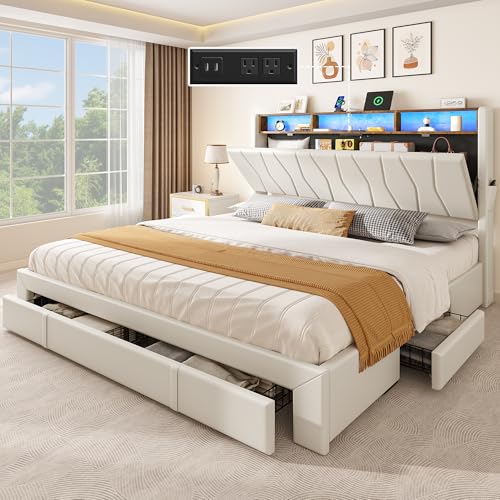 YITAHOME Queen Size Bed Frame, Storage Bed Frame with 4 Drawers, Beige | RGB LED Lights, Platform Bed with Storage Upholstered Headboard and Charging Station, No Box Spring Needed, Noise-Free - color: Beige, size: Queen