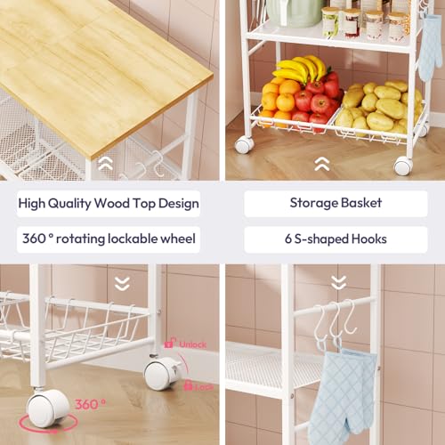 SWTYMIKI Rolling Kitchen Microwave Cart - 3 Tier Microwave Table Stand with Storage Basket and Hooks, Kitchen Utility Cart on Wheels, Coffee Cart Shelf Rack Organizer for Living Room Office, Balcony - color: White