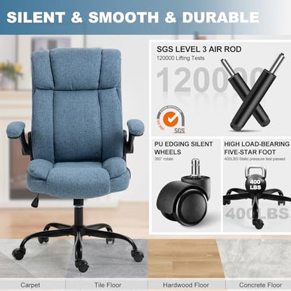 Fabric Office Chair High Back Executive Ergonomic Chair Flip Arms | Premium cloth fabric office chair with high back ergonomic support, flip-up arms, adjustable height, 90°-120° tilt function - color: Blue