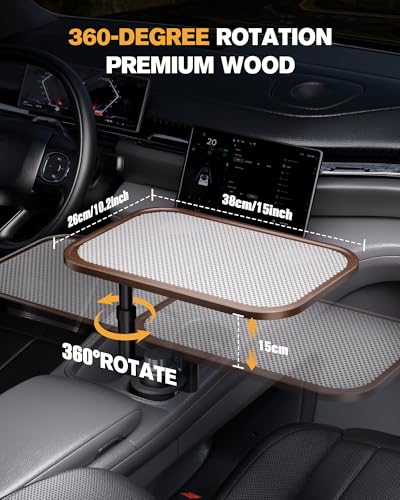Car Desk for Laptop, Car Table & Car Tray with 360° Rotating Cup Holder, Adjustable Height Car Food Tray, As Car Table Tray or Car Seat Tray, Compatible with Tesla Model 3/Y/S, Ford/Most Vehicles