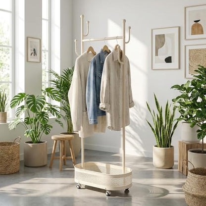 Cream White Wheeled Cactus Metal Coat Rack Freestanding Garment | Organizer Double Sided, Modern Style, Powder Coated, for Entryway and Bedroom, 24x14x66.93 Inches - color: Off-White