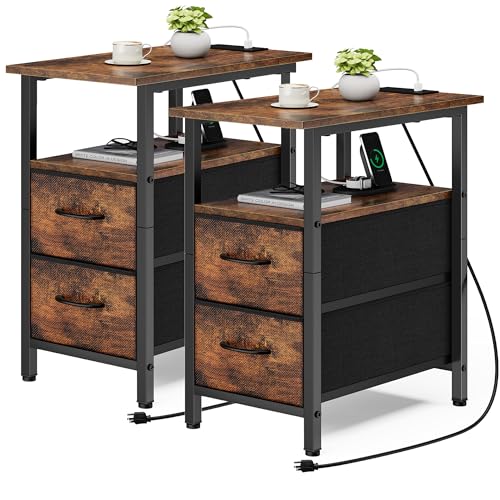 End Table with Charging Station Set of 2, Narrow Side Table, 23.8'' Tall Nightstand with 2 Drawers, Small Sofa Side Table Narrow Nightstand for Small Spaces Furniture, Bedroom, Rustic Brown - color: Rustic Brown, size: 2, style: Ordinary