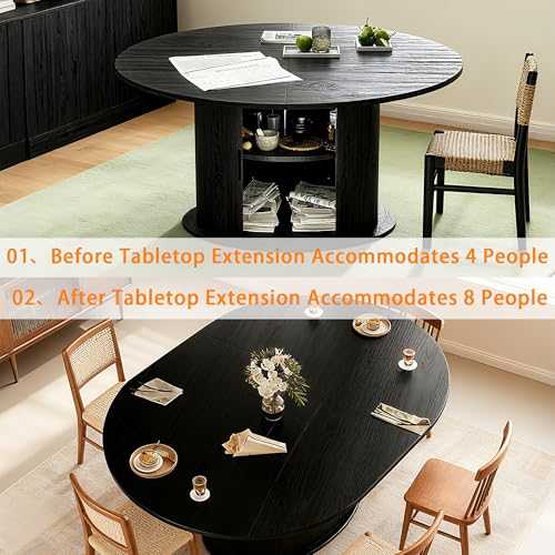 Wildhome Extendable Round Dining Table for 2-4-6, 63 Inch Dining Room Kitchen Table with 2-Tier Storage Shelf, Modern Farmhouse Fluted Wood Slide Door Dinner Furniture,Oval Circle,Black-63 Inch - color: Black-63 Inch