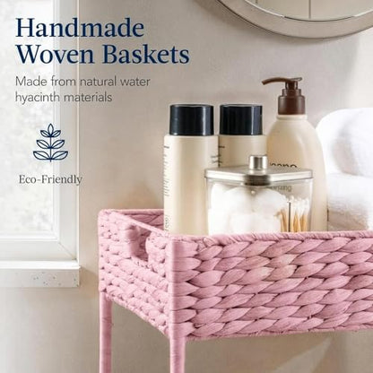 Best Choice Products 3-Tier Water Hyacinth Rolling Nursery Caddy w/Wheels, Utility Cart, Storage Organization for Bathroom, Craft Room, Laundry Room - Pink - color: Pink