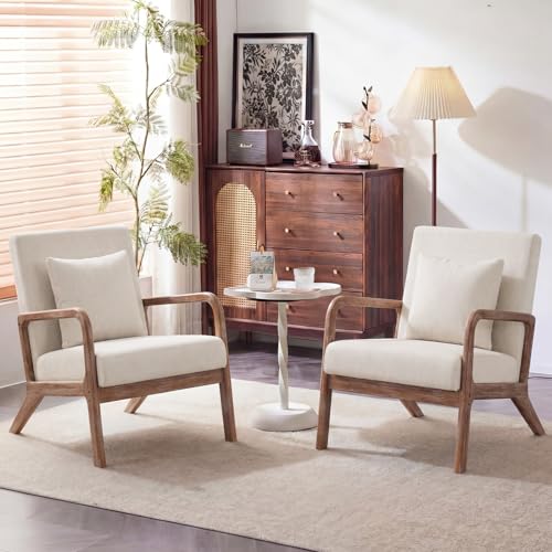 Mid Century Accent Chair with Solid Oak Frame & Linen Fabric, Beige | Upholstered Lumbar Pillow Lounge Chair Linen Fabric Cozy Leisure Chair Walnut Living Room Chair for Bedroom Waiting Room - color: Weathered Oak - Beige Fabric, style: 1 PCS