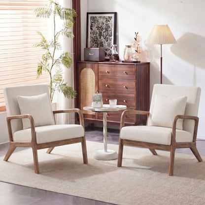 Mid Century Accent Chair with Solid Oak Frame Set of 2, Beige | Upholstered Lumbar Pillow Lounge Chair Linen Fabric Cozy Leisure Chair Walnut Living Room Chair for Bedroom Waiting Room - color: Weathered Oak - Beige Fabric, style: 2 PCS
