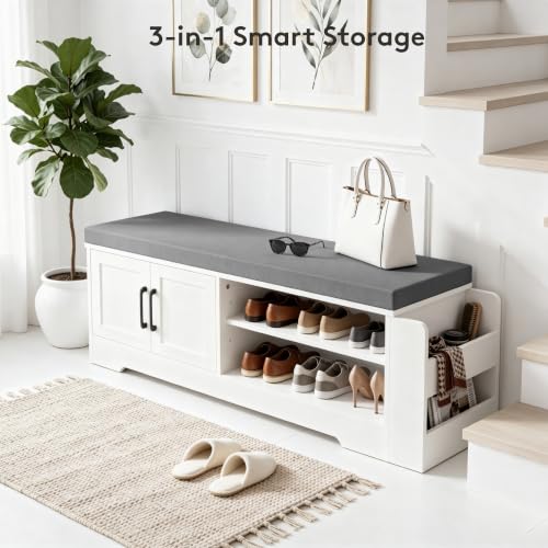 Farmhouse Shoe Storage Bench with 3-in-1 Entryway Storage & Padded Seat | 47.3" Wide Entryway Bench with Adjustable Shelves, Shoe Organizer & Side Storage Rack for Living Room, Bedroom, White - size: 47.3" Wide